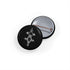 Round pins with steel inner shell, magnetic metal backing, and glossy black design cover