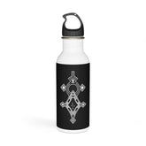 20oz stainless steel water bottle with black cap and geometric design, wide neck for easy sipping