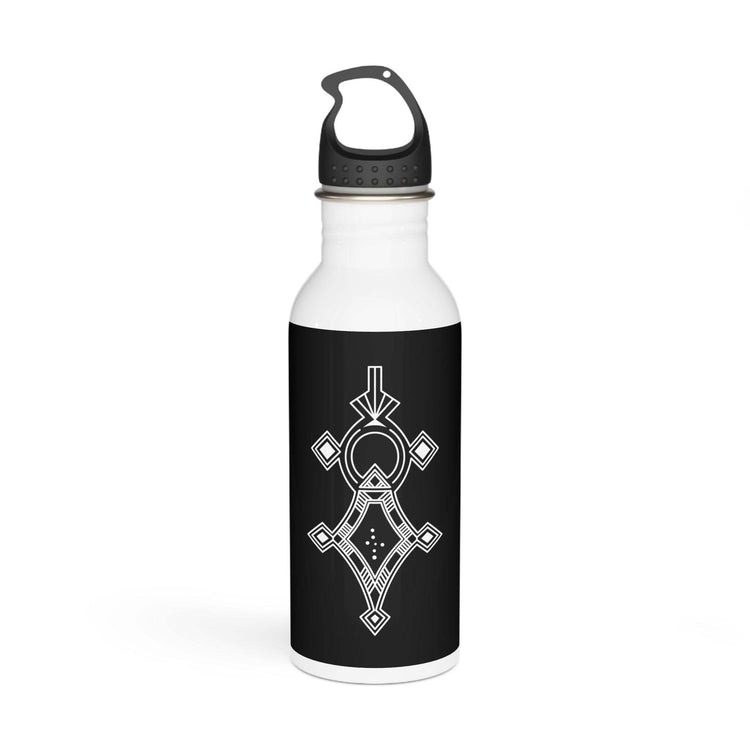 20oz stainless steel water bottle with black cap and geometric design, wide neck for easy sipping