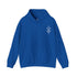 Blue men’s heavy blend hooded sweatshirt with front kangaroo pocket and embroidered chest design