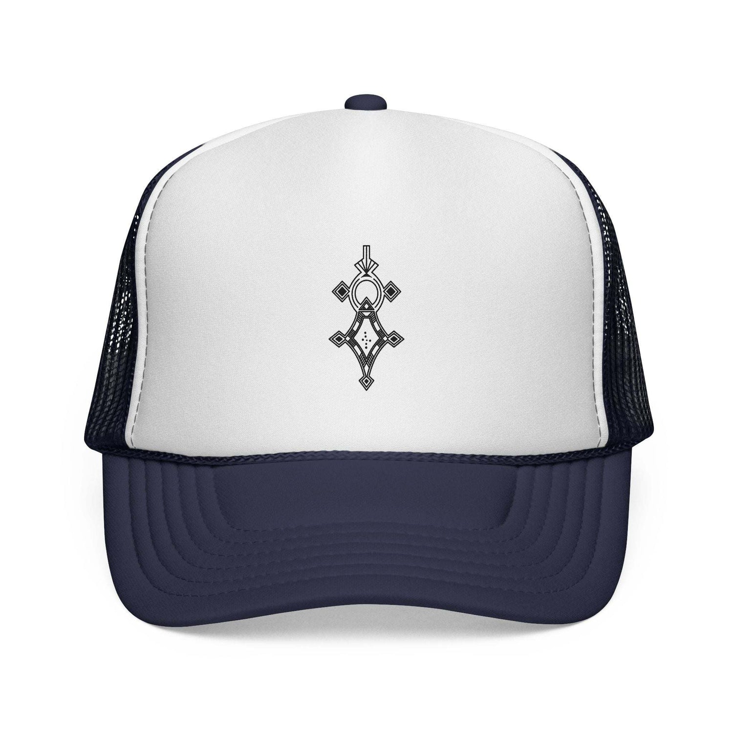 Navy blue and white trucker cap with adjustable snapback and geometric front design
