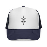 Navy blue and white trucker cap with adjustable snapback and geometric front design