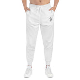 Men wearing white athletic joggers with drawstring and logo detail, styled for workouts and lounging.