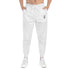 Men wearing white athletic joggers with drawstring and logo detail, styled for workouts and lounging.