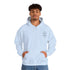 Men wearing light blue heavy blend hooded sweatshirt with front kangaroo pocket and small chest embroidery design
