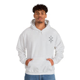 Men wearing white heavy blend hooded sweatshirt with kangaroo pocket and subtle chest embroidery