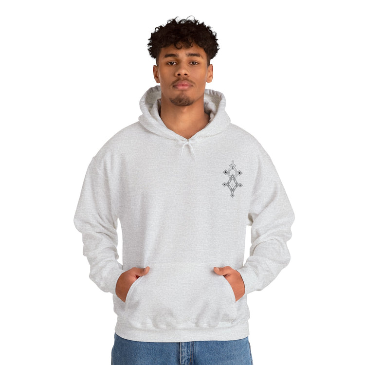 Men wearing white heavy blend hooded sweatshirt with kangaroo pocket and subtle chest embroidery