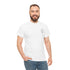 man wearing plain white heavy cotton tee with small chest graphic and blue jeans