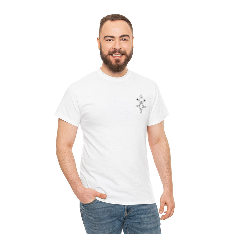 man wearing plain white heavy cotton tee with small chest graphic and blue jeans
