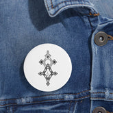 Round pin with geometric design on denim jacket, durable steel and glossy UV cover accessory