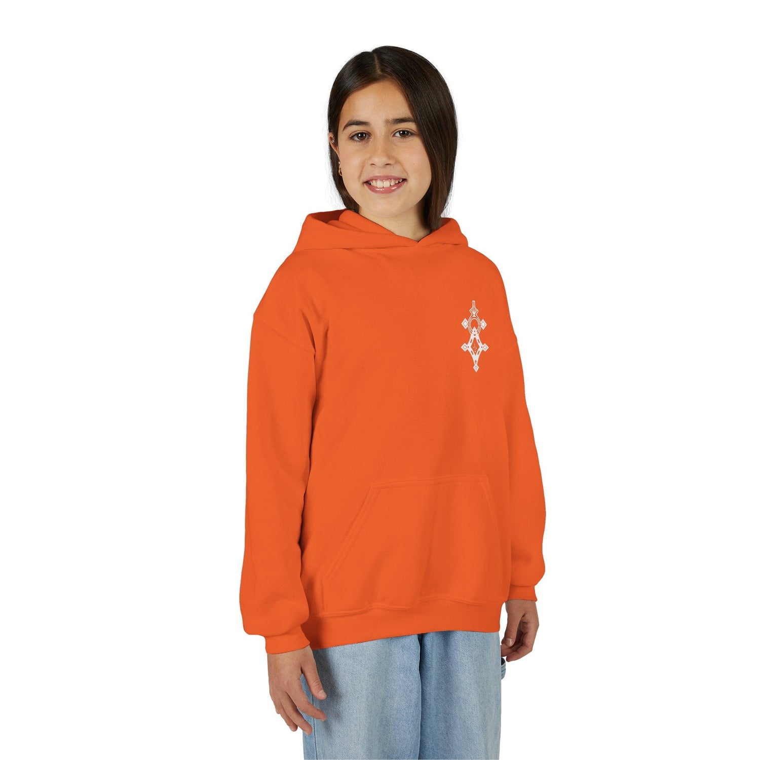 Girl wearing orange heavy blend hooded sweatshirt with kangaroo pocket and embroidered design
