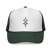 Black and white trucker cap with adjustable snap closure and embroidered design on front panel