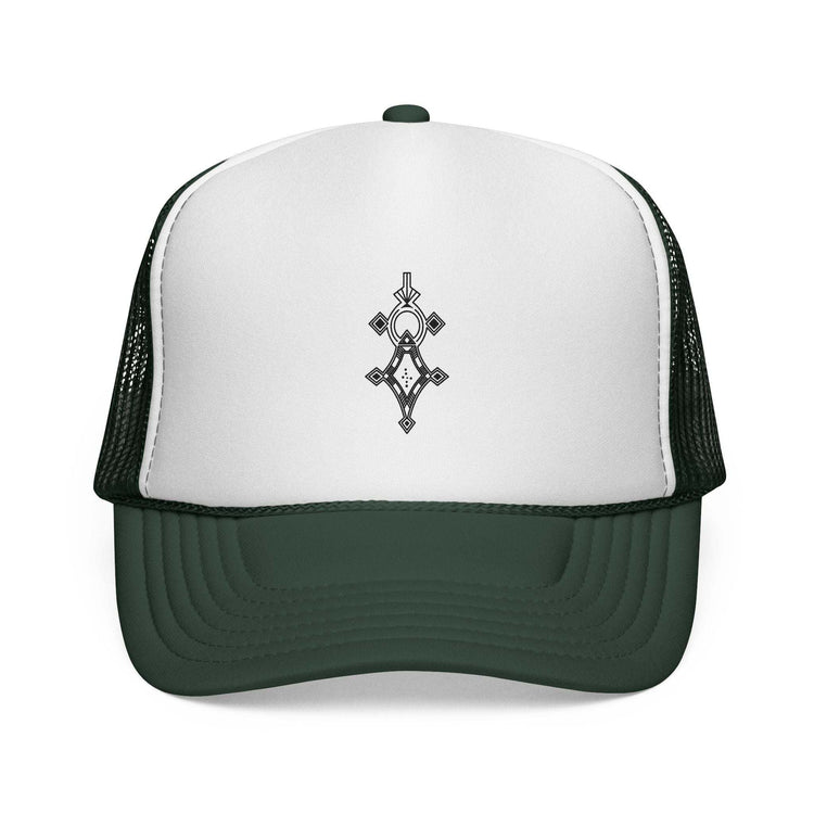 Black and white trucker cap with adjustable snap closure and embroidered design on front panel