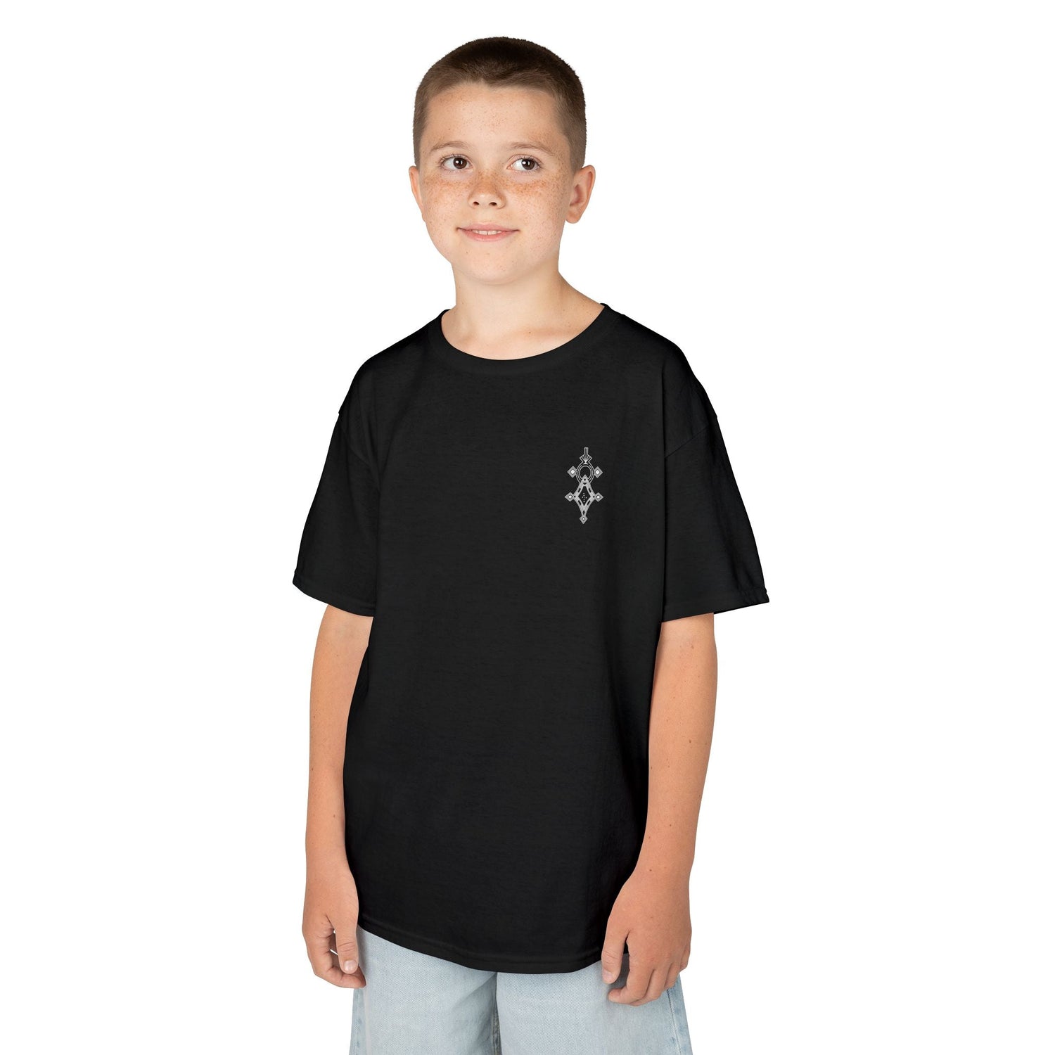 Boy wearing a black Boys Heavy Cotton™ Tee with a crew neckline and short sleeves