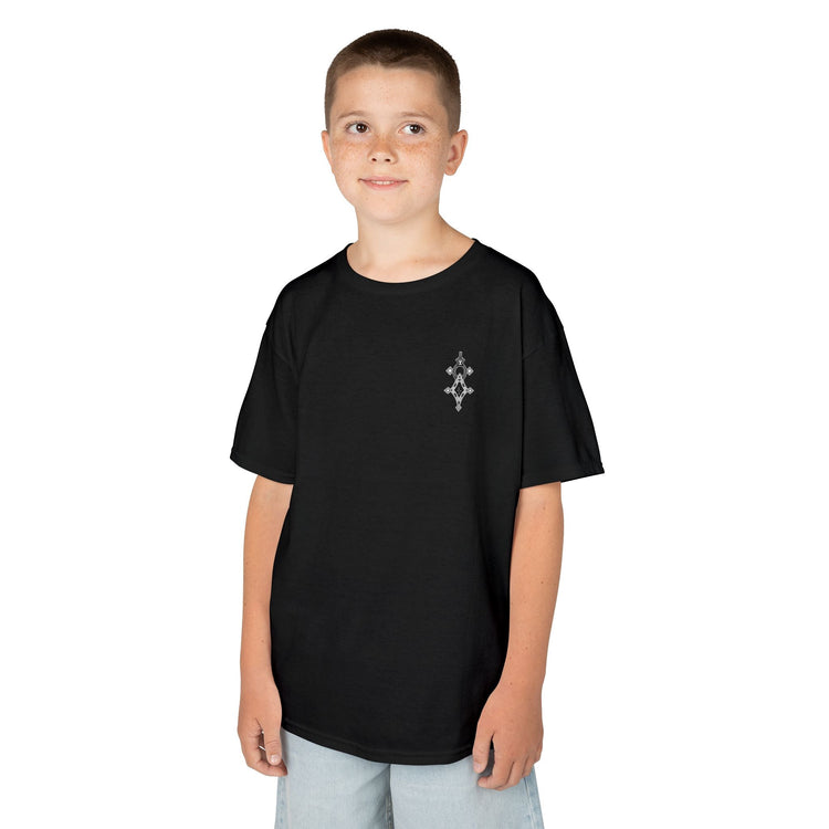 Boy wearing a black Boys Heavy Cotton™ Tee with a crew neckline and short sleeves