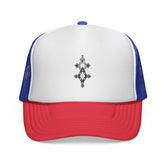 Red, white, and blue trucker cap with adjustable snap closure and mesh back