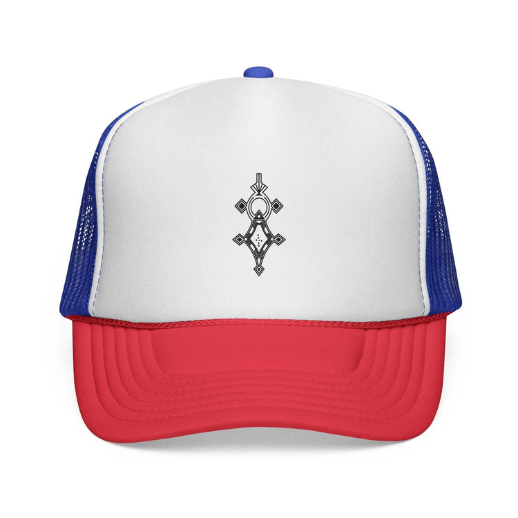 Red, white, and blue trucker cap with adjustable snap closure and mesh back