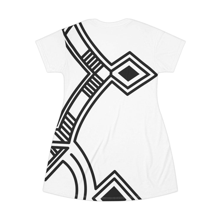 White T-Shirt Dress with black geometric all-over print, tagless, lightweight polyester fabric