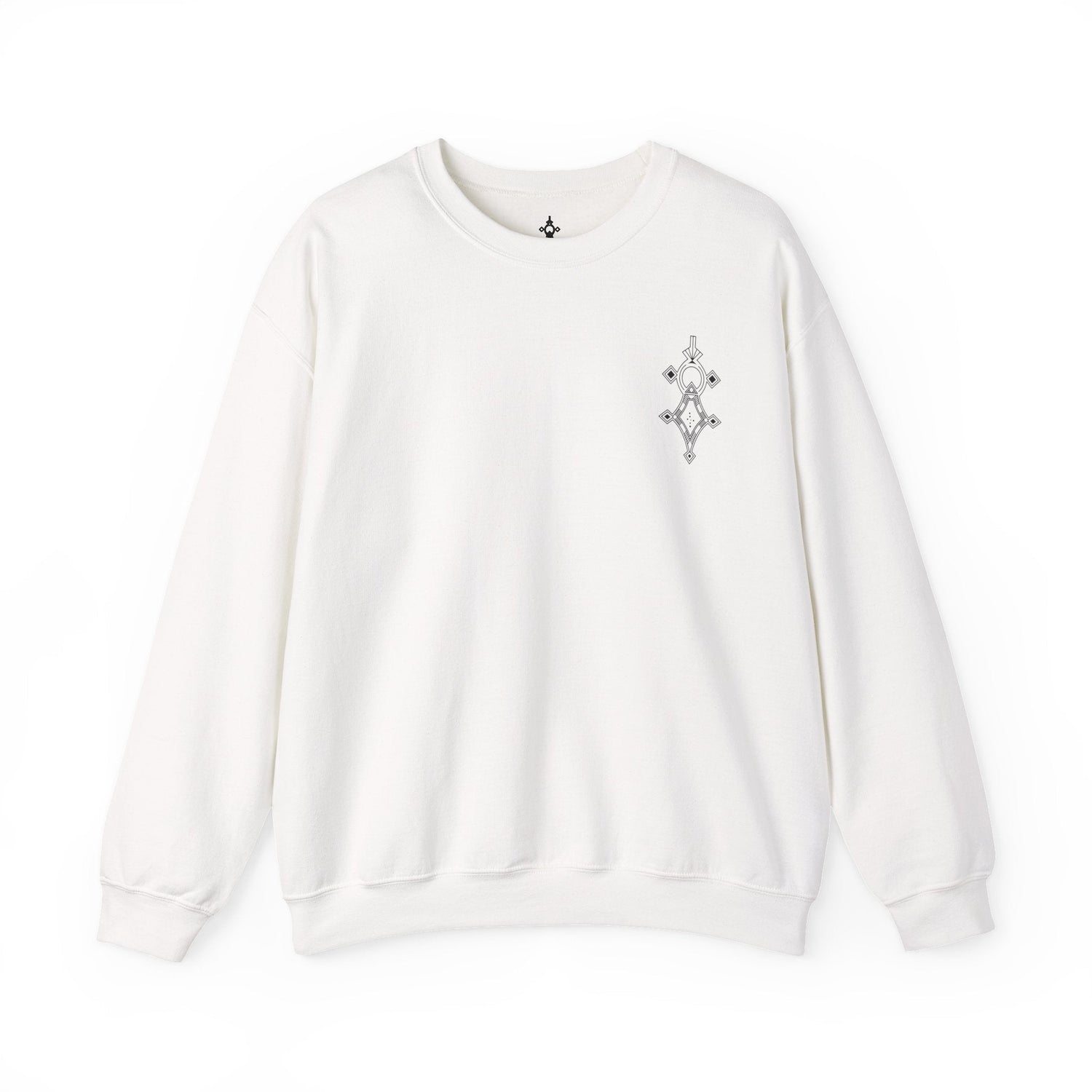 White Women Heavy Blend™ Crewneck Sweatshirt with ribbed collar and small chest embroidery, made from cotton-polyester blend