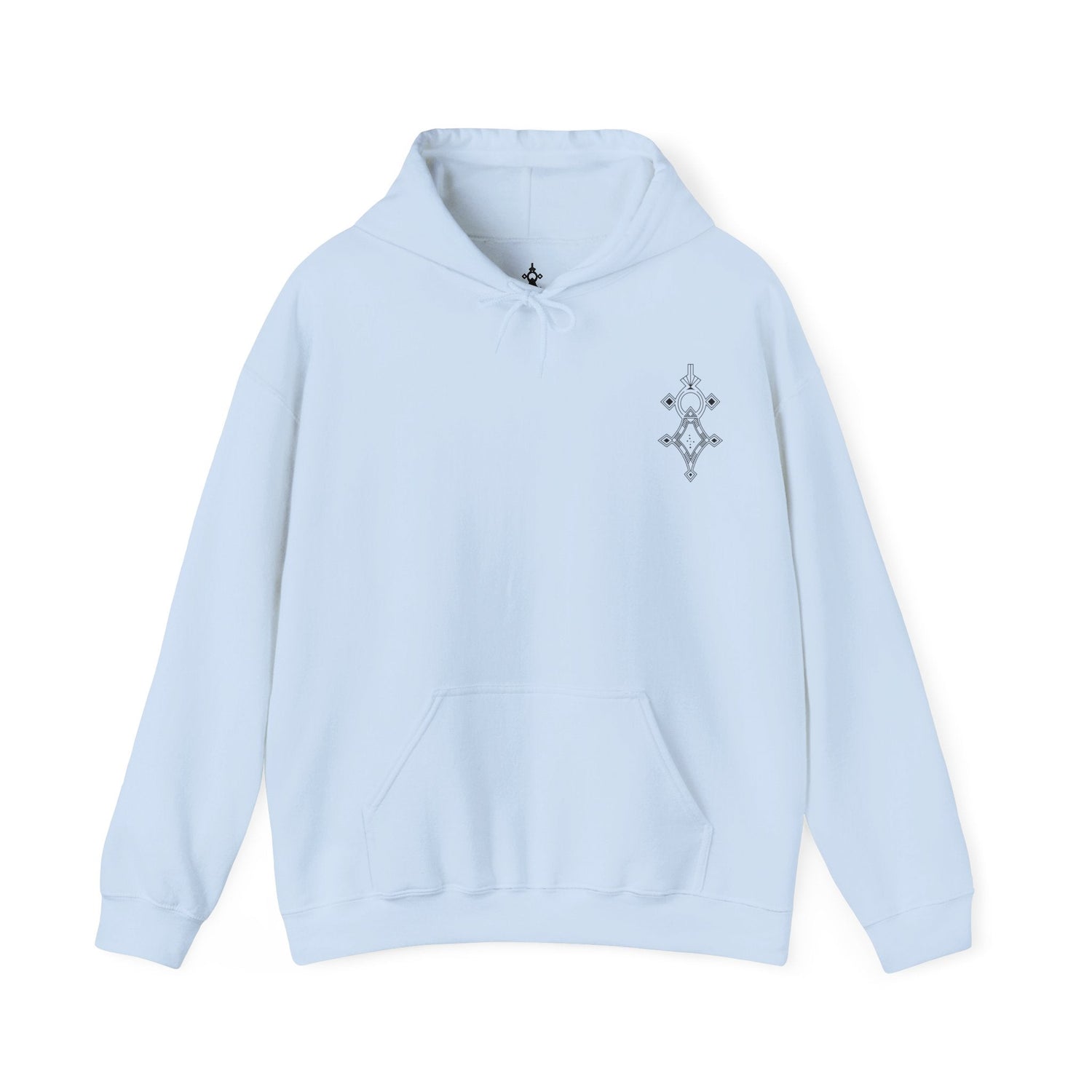 light blue men’s heavy blend hooded sweatshirt with front pocket and small embroidered design on chest