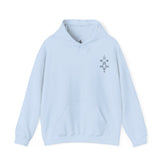 light blue men’s heavy blend hooded sweatshirt with front pocket and small embroidered design on chest