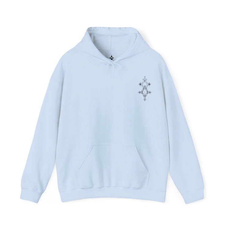 light blue men’s heavy blend hooded sweatshirt with front pocket and small embroidered design on chest