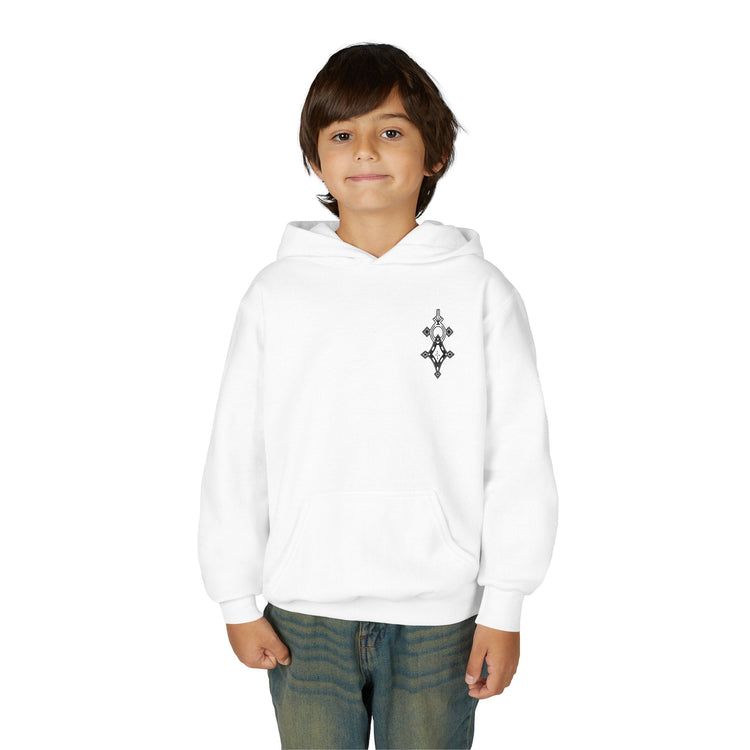 boy wearing white boys heavy blend hooded sweatshirt with kangaroo pocket and embroidery on chest