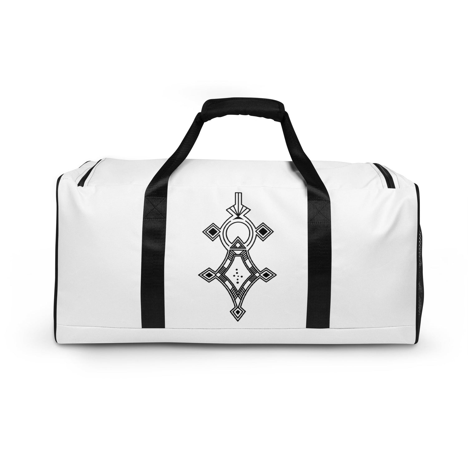 White duffle bag with black straps and geometric design, spacious with multiple pockets and padded adjustable shoulder strap