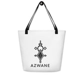 Large white tote bag with black handles and Azwane logo, spacious and durable beach bag