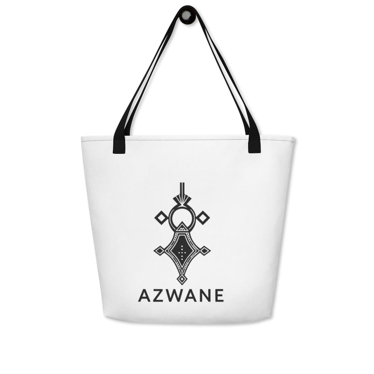 Large white tote bag with black handles and Azwane logo, spacious and durable beach bag