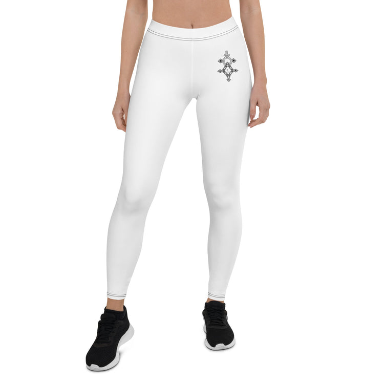 White microfiber polyester spandex leggings with elastic waistband and cross design, four-way stretch and UPF 50+ protection