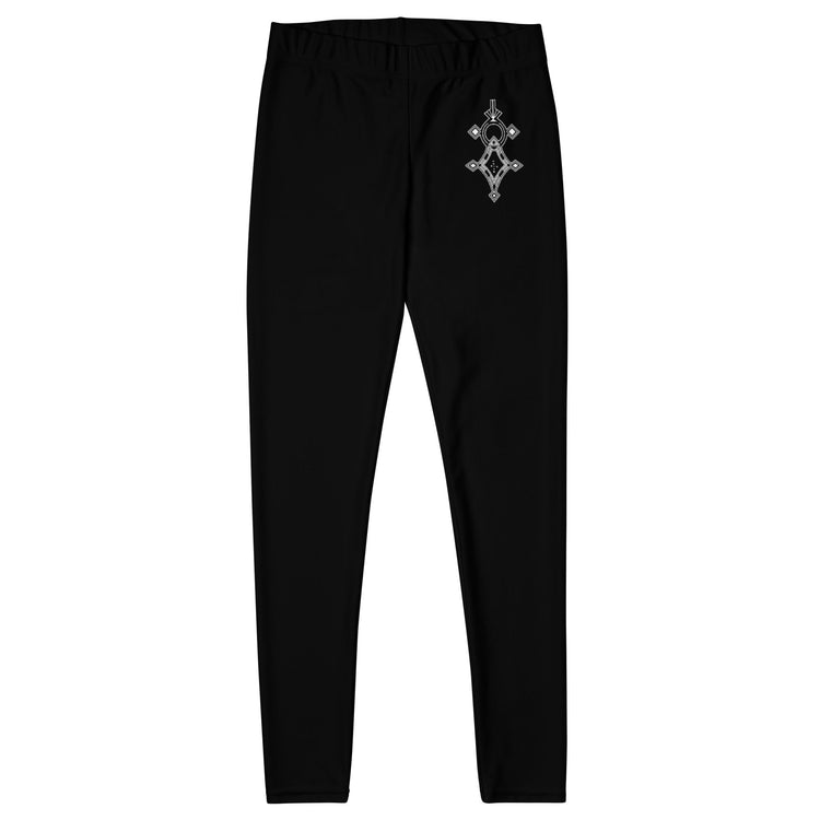 Black polyester spandex leggings with elastic waistband and small decorative emblem on upper thigh