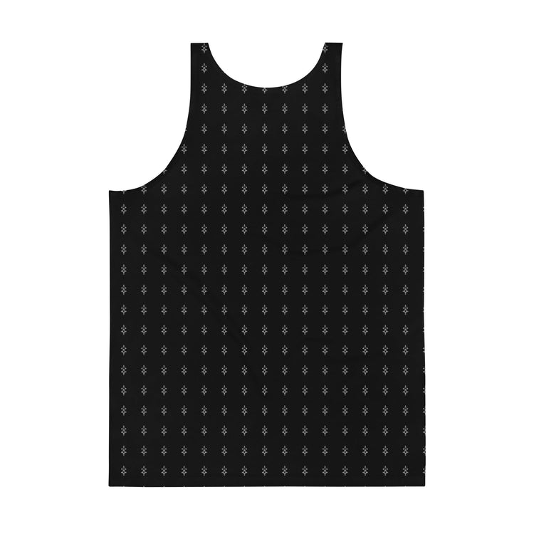 Black unisex tank top with small white geometric pattern and relaxed fit