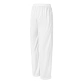 White women’s pajama pants with relaxed fit and side seam piping made of silky polyester fabric