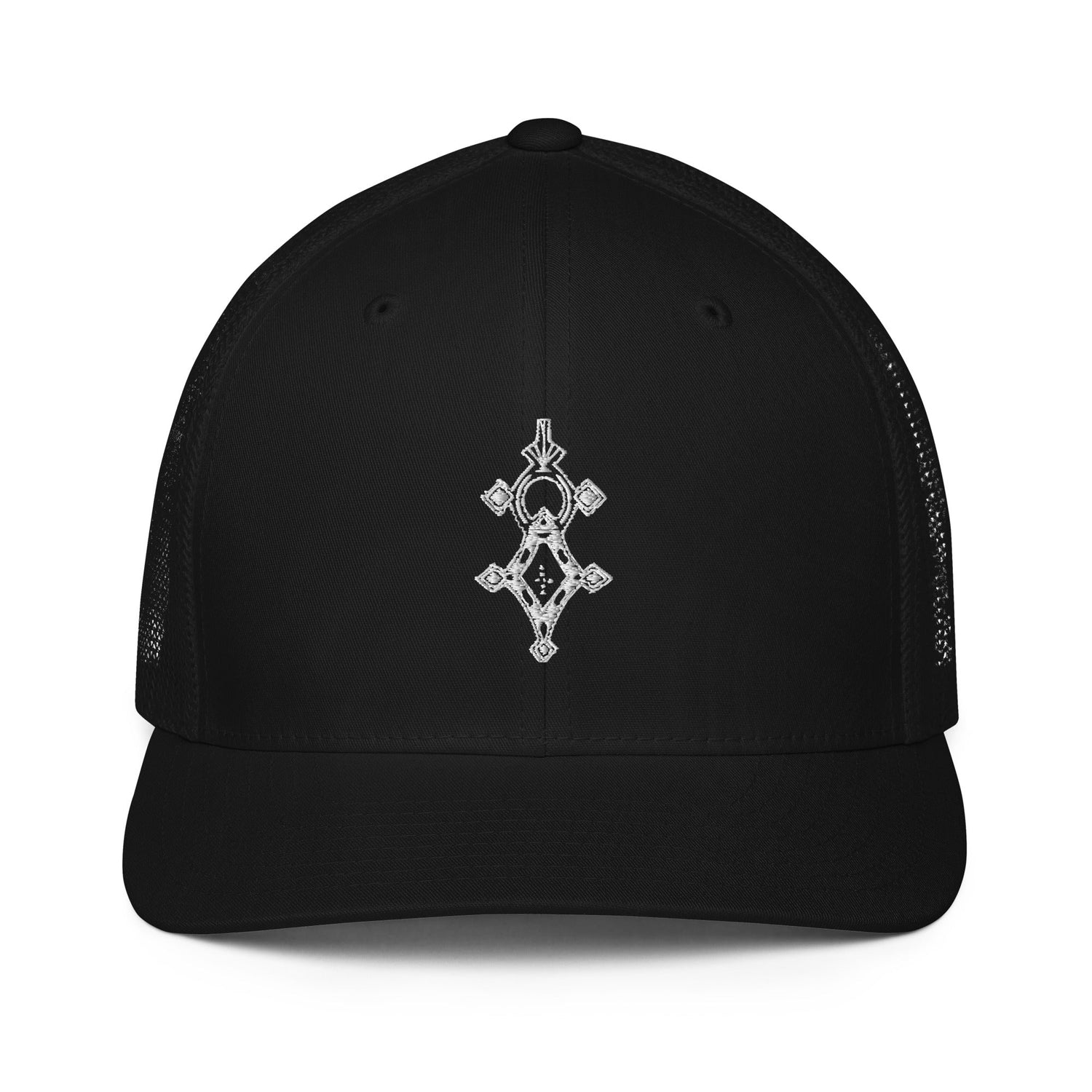 Black closed-back trucker cap with embroidered front design and mesh back for breathability