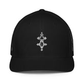 Black closed-back trucker cap with embroidered front design and mesh back for breathability