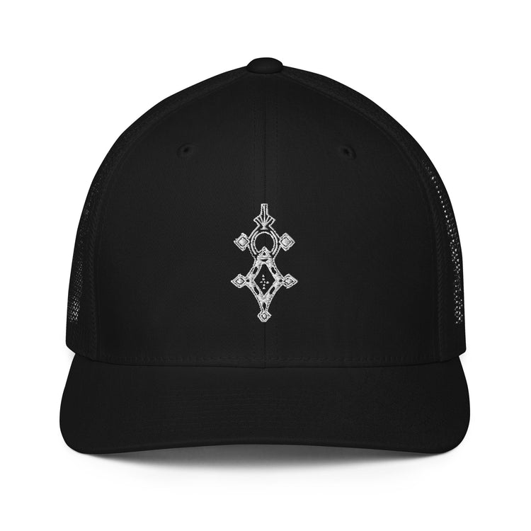 Black closed-back trucker cap with embroidered front design and mesh back for breathability