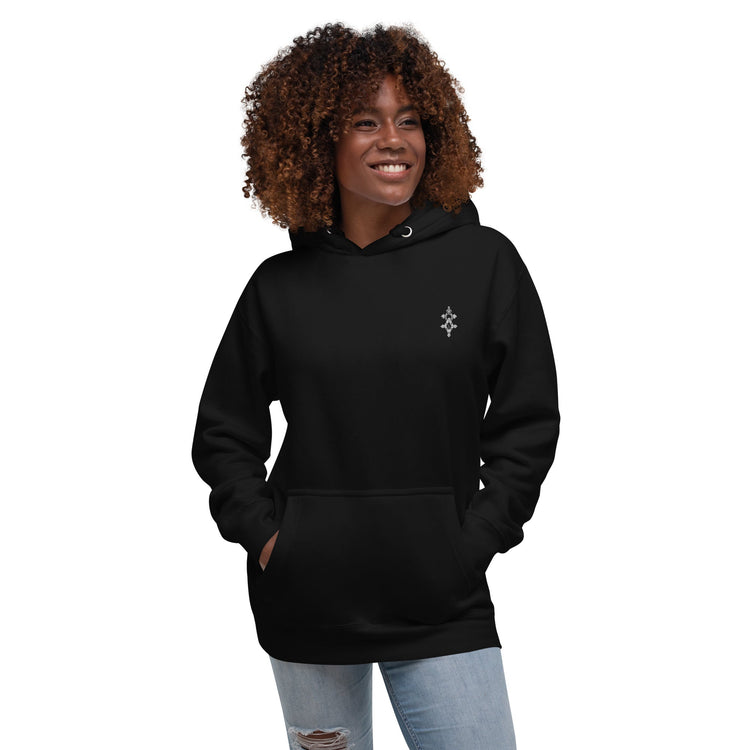 Woman wearing black cotton blend hoodie with front pouch pocket and hood