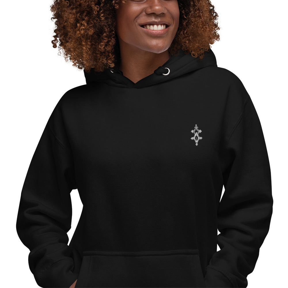 Black women hoodie with front pouch pocket and small chest logo, soft cotton blend, warm 3-panel hood with drawstrings, classic streetwear style