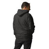 Men hoodie back view dark gray soft cotton blend with hood and pouch pocket worn by man