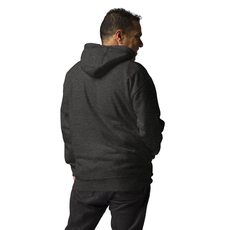Men hoodie back view dark gray soft cotton blend with hood and pouch pocket worn by man