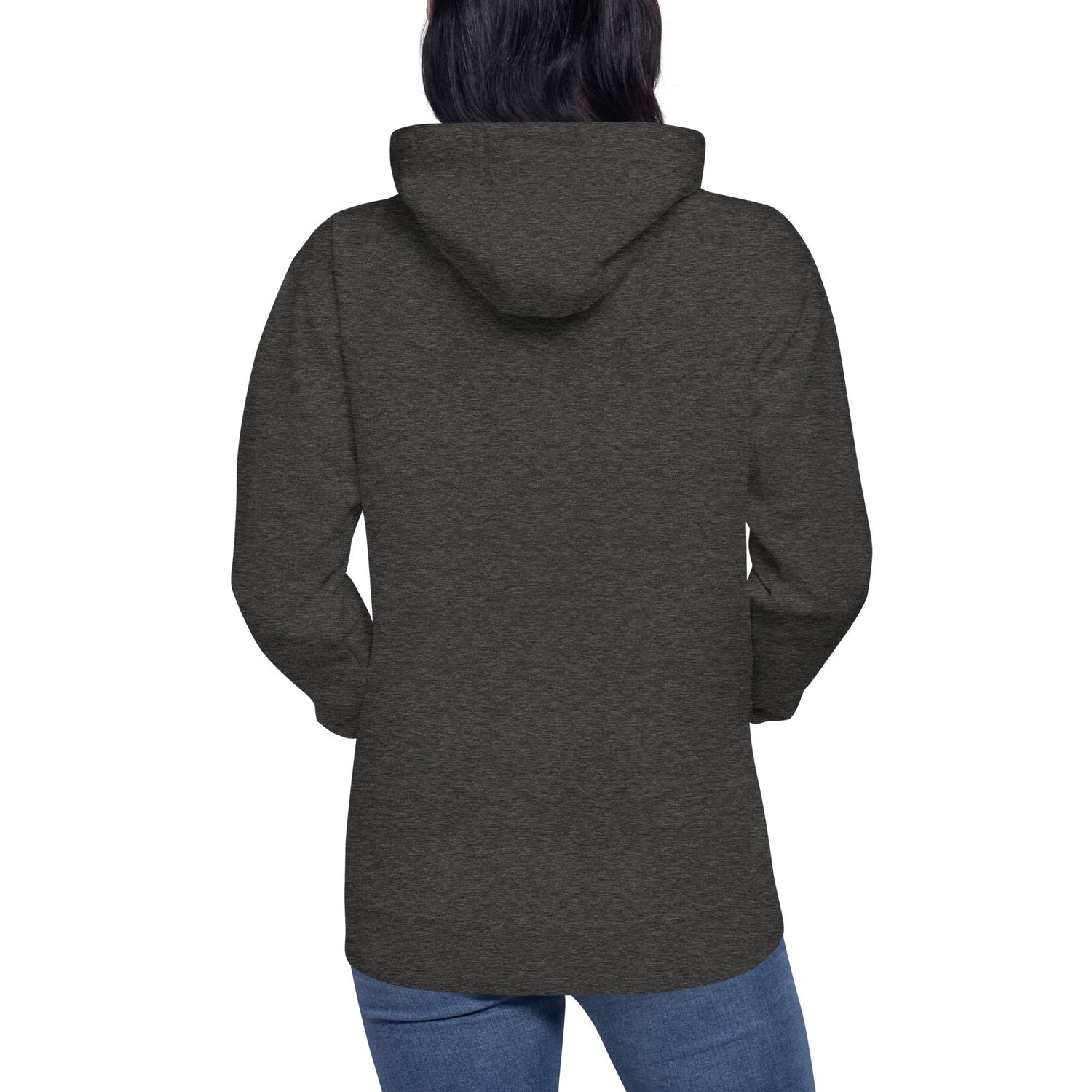 Dark gray women hoodie with hood and pouch pocket, shown from the back