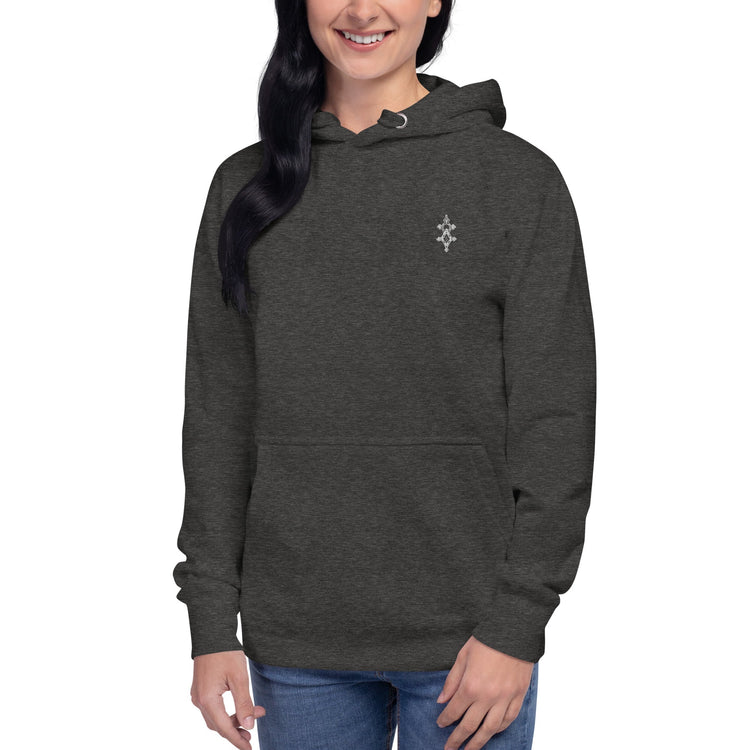 Dark gray women hoodie with front pouch pocket and small logo on chest, soft cotton blend material, casual streetwear style.