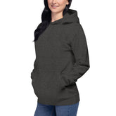 Women hoodie in dark gray with front pouch pocket and hood, made from soft cotton blend fabric