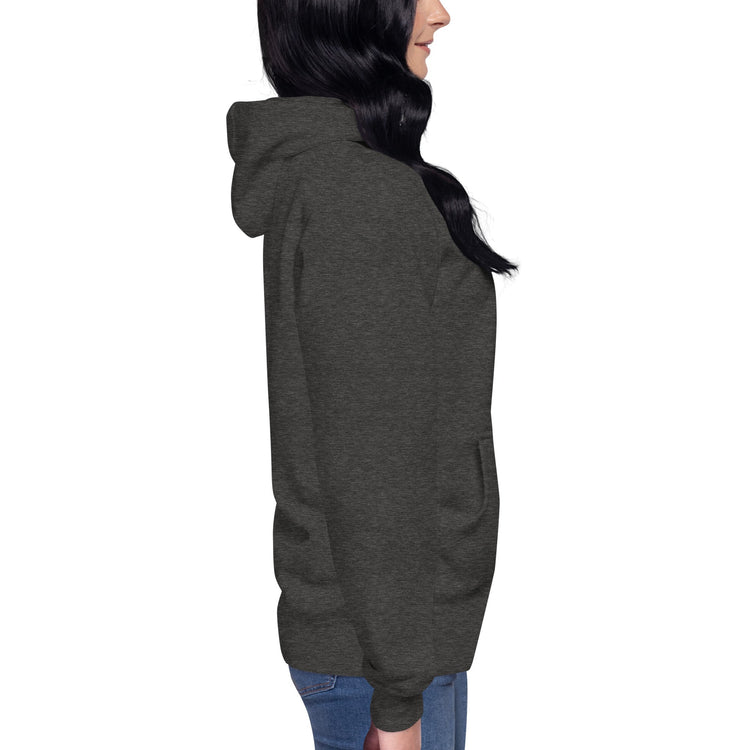 Side view of woman wearing dark gray women hoodie with front pouch pocket and hood