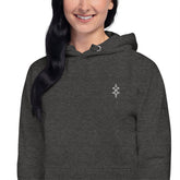 Dark gray women hoodie with front pouch pocket and small back patch design