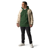 man wearing green men hoodie with front pouch pocket and beige jacket
