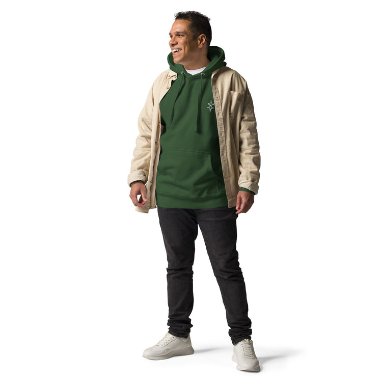 man wearing green men hoodie with front pouch pocket and beige jacket