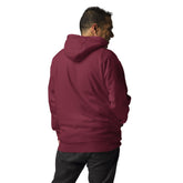 Back view of a man wearing a maroon men hoodie with a 3-panel hood and pouch pocket