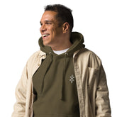 Men wearing olive green hoodie with front pouch pocket and adjustable hood smiling